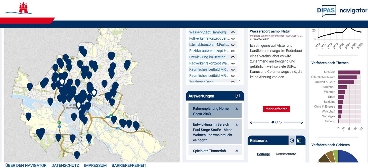 Die Kartenansicht aus der Anwendung Dipas zeigt die Verfahrensübersicht der Stadt Hamburg