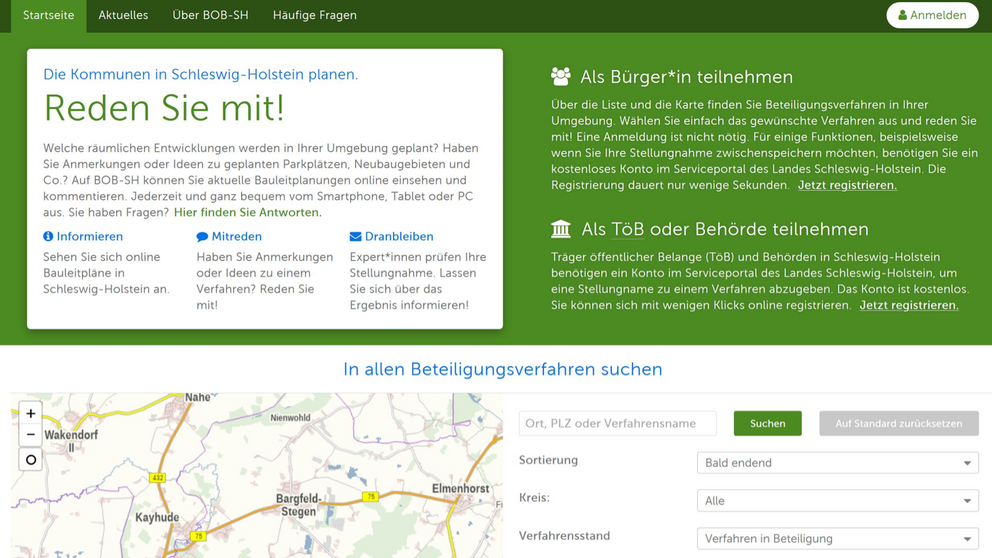Screenshot der Startseite von BOB-SH