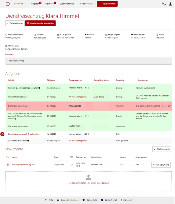 Screenshot der Anwendung dWorkflow am Beispiel eines Reiseantrags