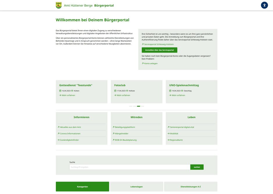 Screenshot der Startseite des Bürgerportals für das Amt Hüttener Berge