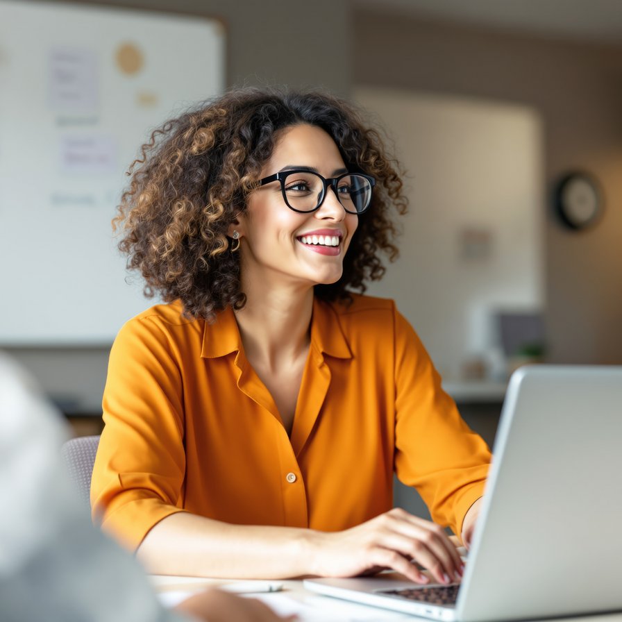 Eine Frau sitzt am Laptop und lächelt