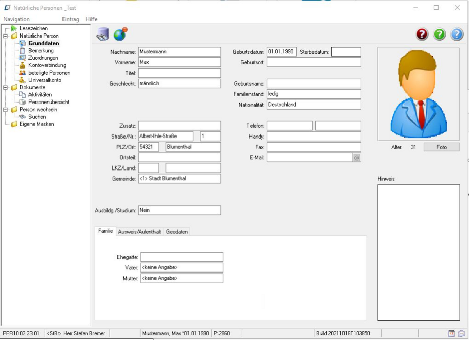 Screenshot: Erfassung der Personendaten in LISSA