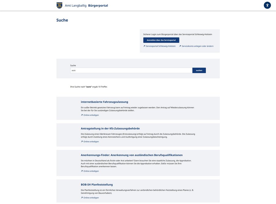 Screenshot des Bürgerportals des Amtes Langballig
