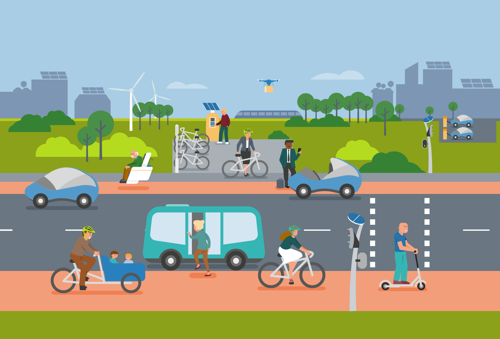 Illustration der Mobilität der Zukunft: Der Verkehr ist entzerrt. Die Menschen sind mit Fahrrädern, E-Scootern, E-Autos und Car-Sharing-Angeboten unterwegs. 