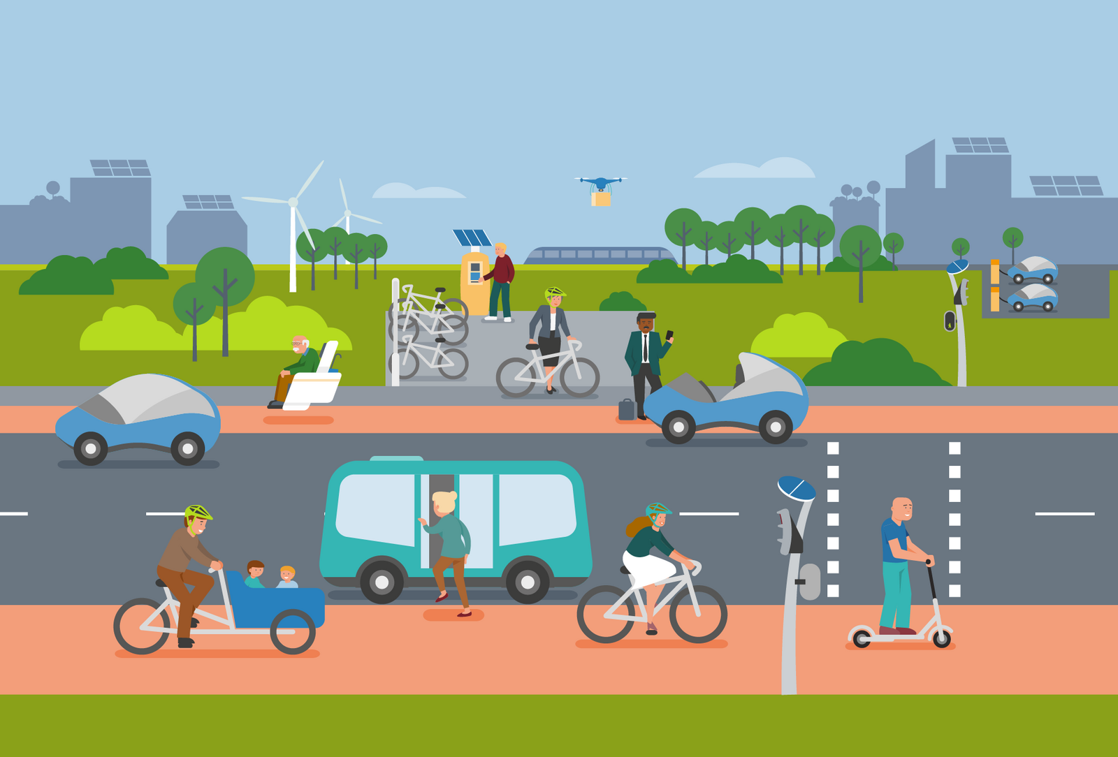 Smarte Mobilität leben Illustration der Mobilität der Zukunft: Der Verkehr ist entzerrt. Die Menschen sind mit Fahrrädern, E-Scootern, E-Autos und Car-Sharing-Angeboten unterwegs.