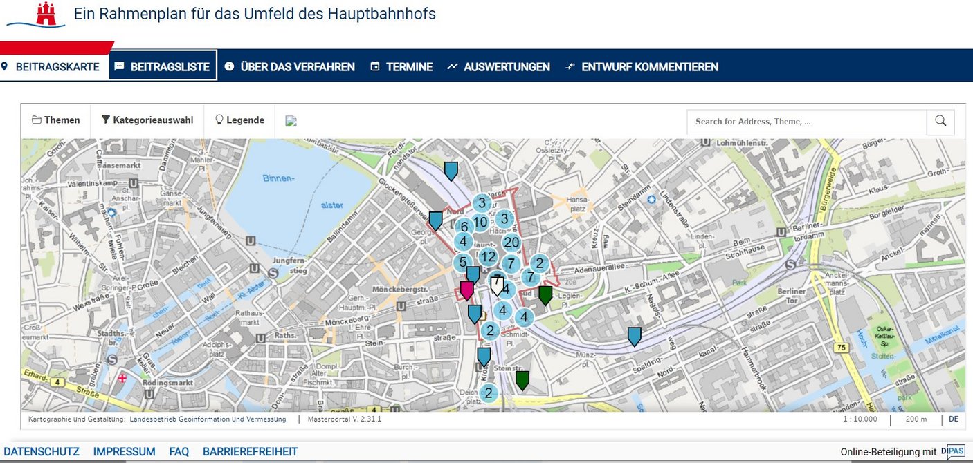 Kartenansicht aus der Anwendung Dipas am Beispiel des Hamburger Hauptbahnhofs