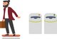 Ein Mann auf einem Hoverboard neben zwei intelligenten Mülltonnen.