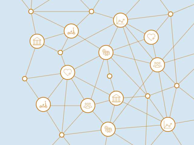 In der Grafik wird verdeutlicht, dass DigitalHubs untereinander vernetzt sind und themenübergreifend funktionieren