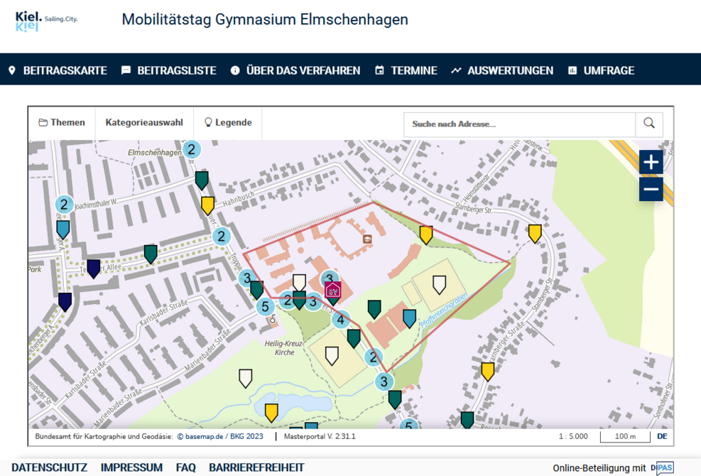 Kartenansicht aus der Anwendung Dipas am Beispiel des Gymansiums Elmschenhagen 