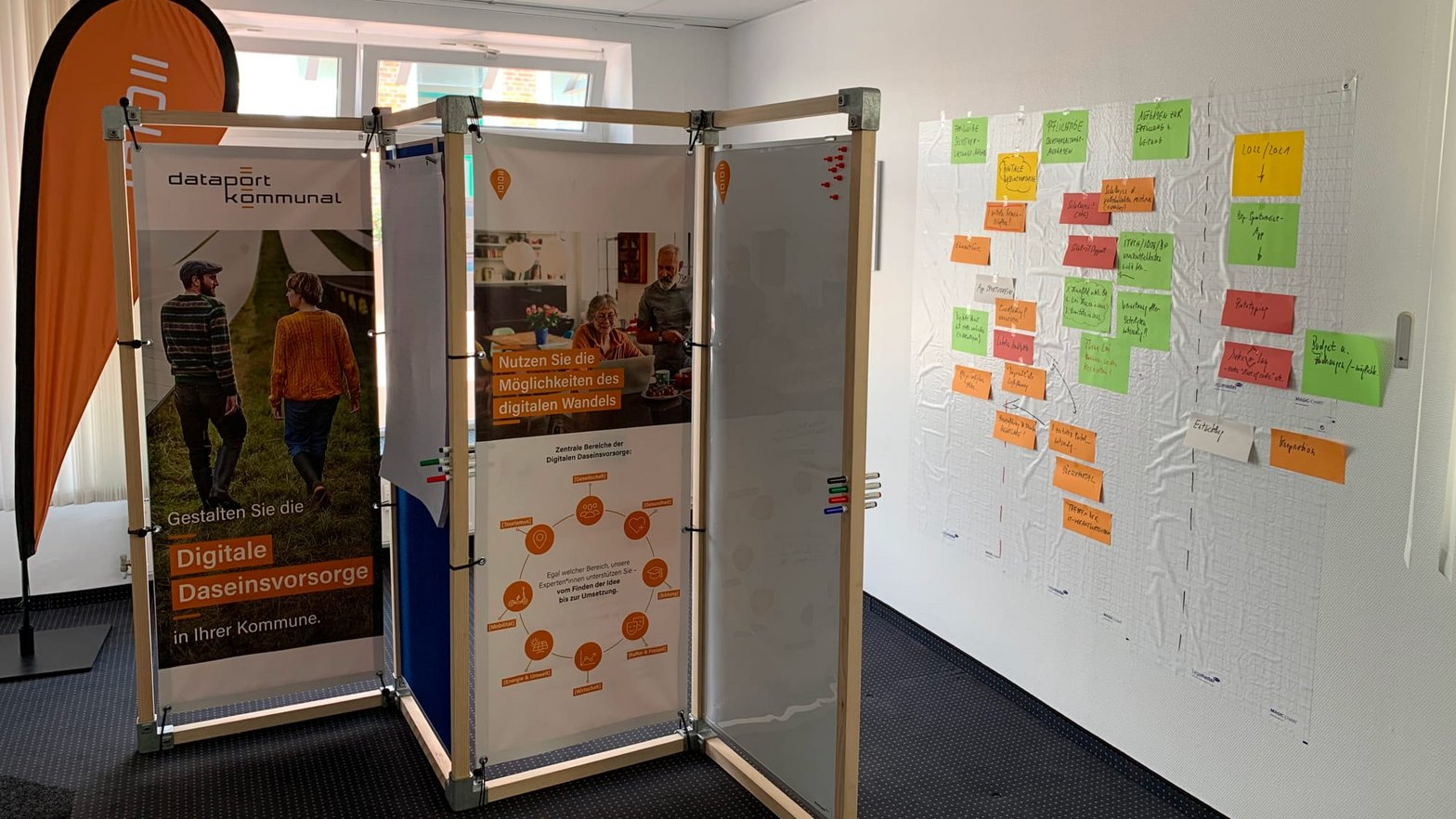 Im Digital Hub Oldenburg: An einer Metaplan-Wand hängen viele Workshop-Karten