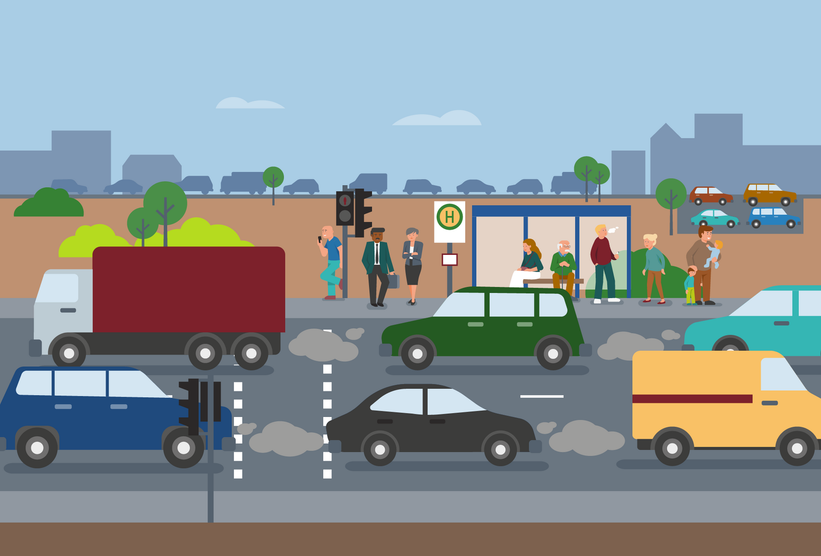 Illustration der heutigen Mobilität: Viele Autos sind auf der Straße und viele Menschen warten an Bushaltestellen. 