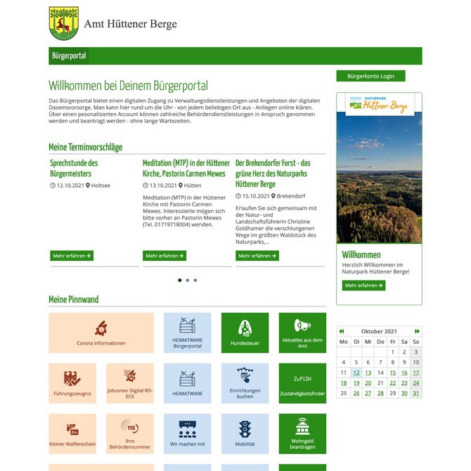 Screenshot des Bürgerportals für das Amt Hüttener Berge