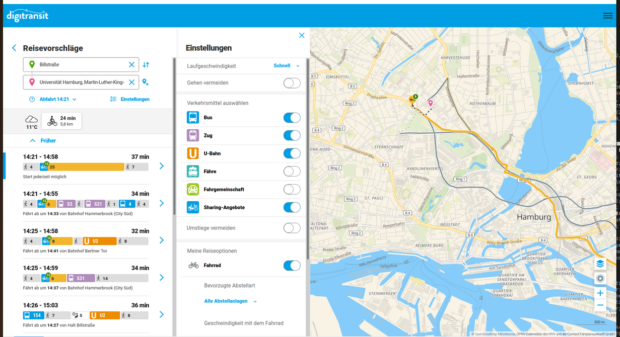 Screenshot aus digitransit: Ansicht einer Routenplanung