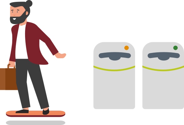 Ein Mann auf einem Hoverboard neben zwei intelligenten Mülltonnen.